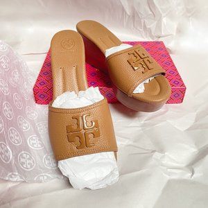 Tory Burch Lowell 2 Leather Wedge Slid Sandal Sandy Brown/Tan US 10
